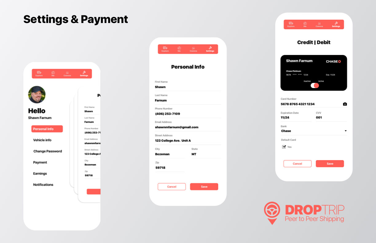 DropTrip Settings & Payment Screen